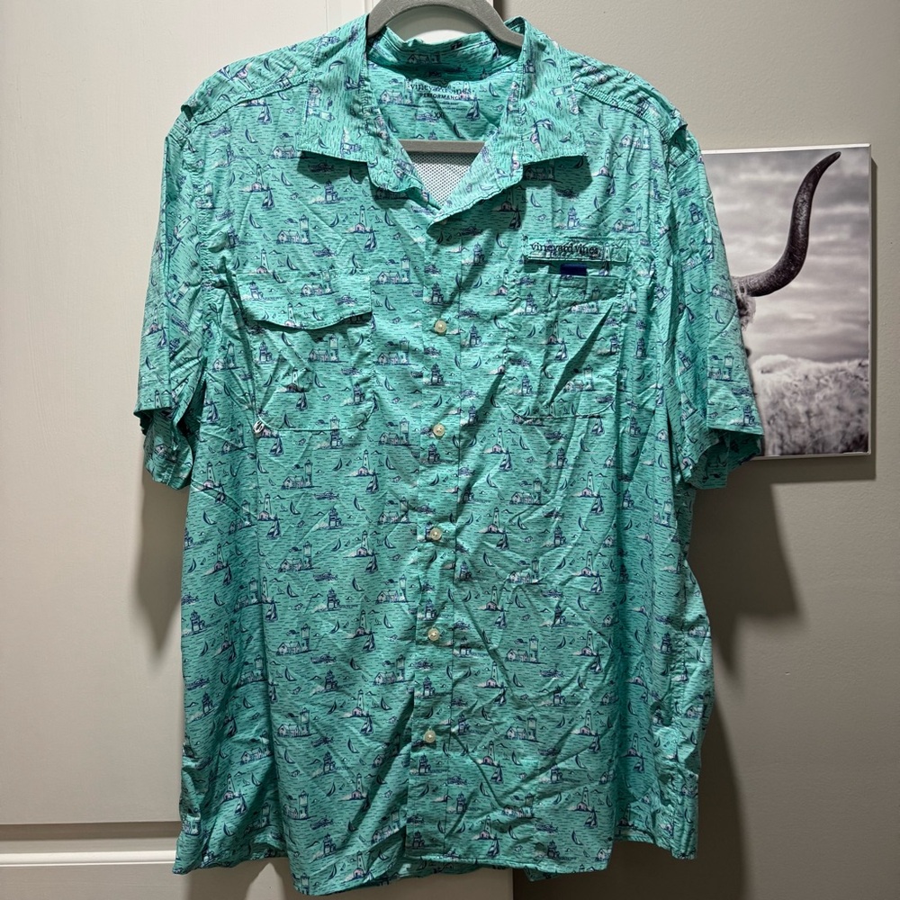men's XXL vineyard vines performance teal lighthouse print button up shirt